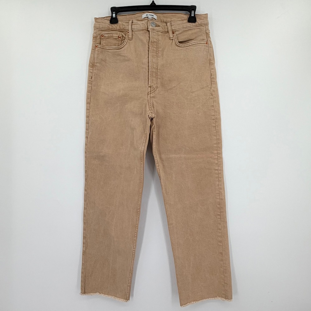 RE/DONE 70s Ultra High Rise Stove Pipe Jeans Tan Khaki Raw Hem Size 30